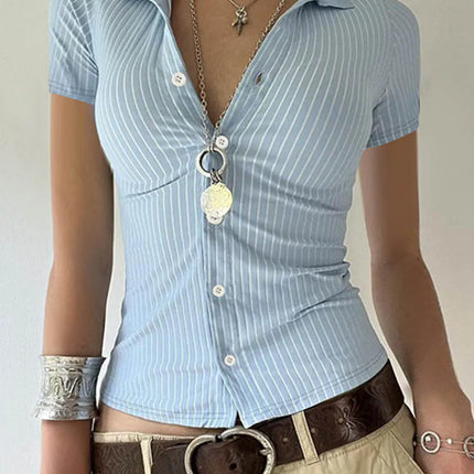 Sweetown Blue Stripe Short Sleeve Shirts For Women Button Up Turn Down Collar Slim Simple Casual Preppy Tops Basic Summer Tees