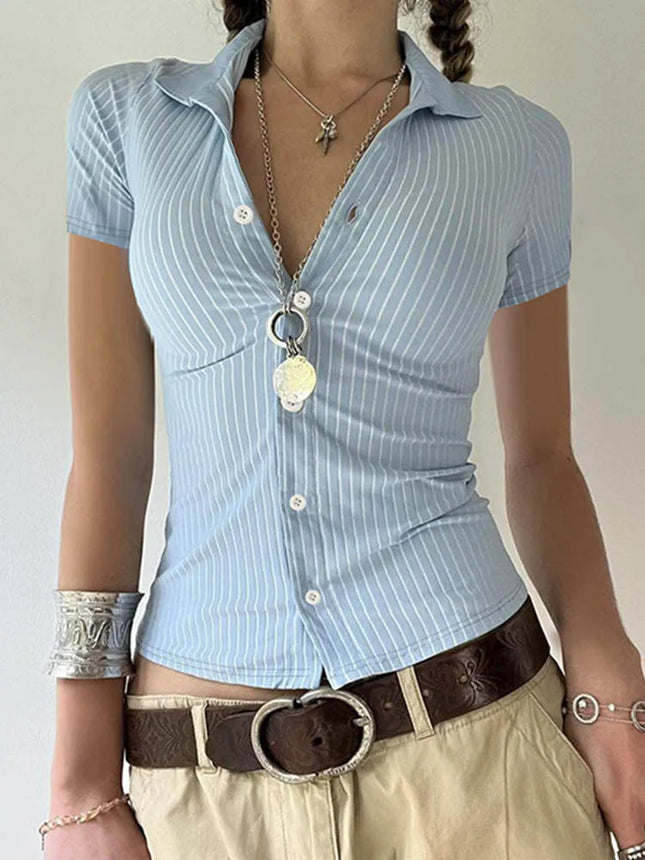 Sweetown Blue Stripe Short Sleeve Shirts For Women Button Up Turn Down Collar Slim Simple Casual Preppy - product image 6