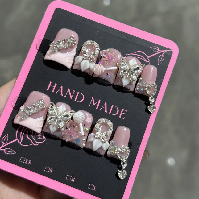 10 Uds. Uñas postizas cortas de pico de pato a presión, uñas postizas con mariposas y flores 3D, puntas francesas rosadas, arte de uñas, perlas, corazones de diamantes de imitación, uñas postizas