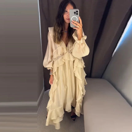 Elegant Ruffle Women's Dress Summer Solid V Neck Full Sleeve Loose Long Casual Dresses New Street Beach Vacation Robe 2026