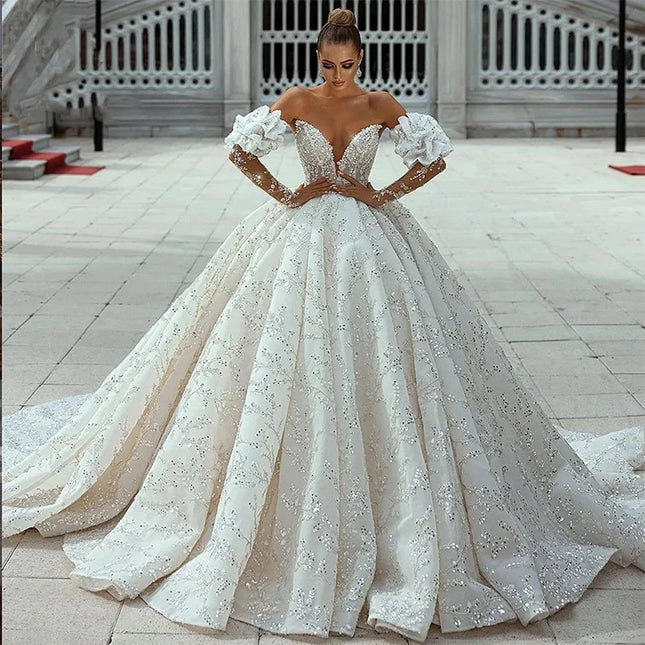 Glitzer-Hochzeitskleid Pailletten mit Perlenstickerei Ballkleid abnehmbare volle Ärmel trägerlos Braut Reißverschluss maßgeschneidertes Vestido De Novia