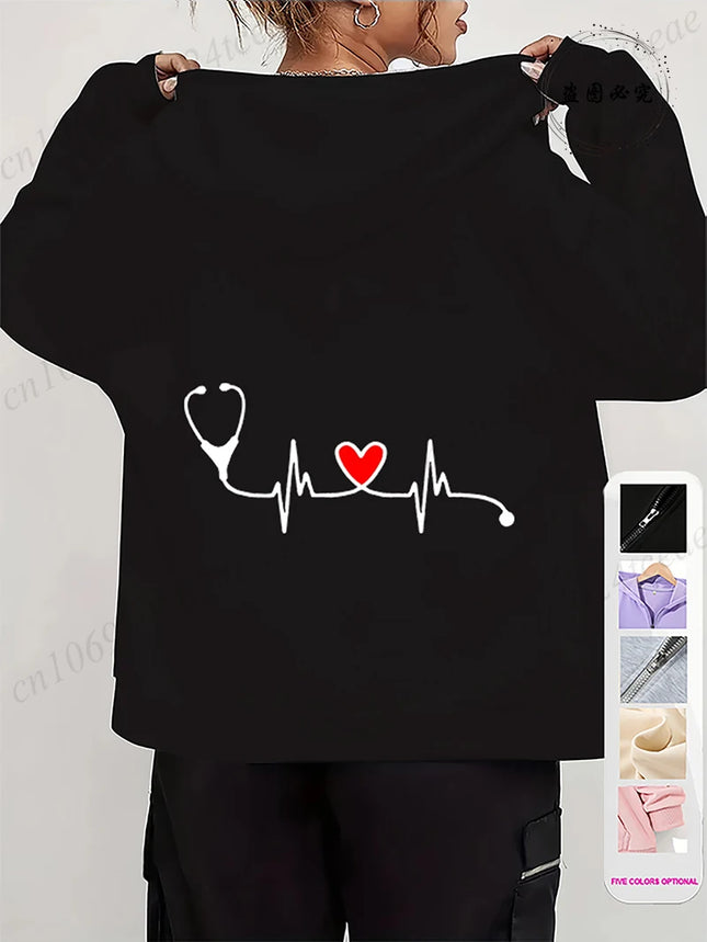 Damen Herbst Winter Hoodies Stethoskop EKG bedruckt Reißverschluss Kapuzenjacken Pflege Reißverschlusstasche Sweatshirt Nurse Life Oberbekleidung