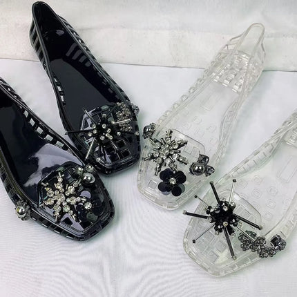 New Korean Ins Jelly Shoes Crystal Shoes Transparent Square Toe Clogs Summer Outdoor Commuting Lazy Slide Sandals