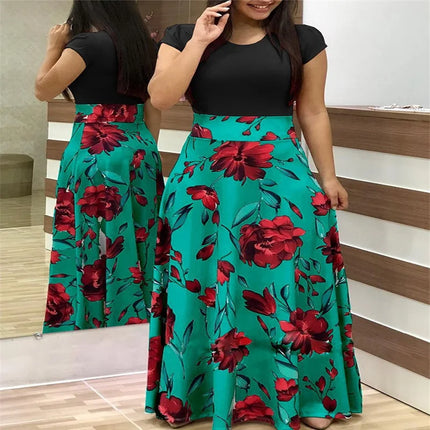 Dress Women Summer bohemain digital printing color matching round neck short sleeve hot style Dresses Casual Vestidos YRW6881