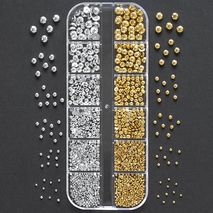 1 Box Half Round Flatback Nail Rhinestones Multi Size Gold& Silver Metal Pearls Caviar Nail Art Decorations Flat Back Gold Beads