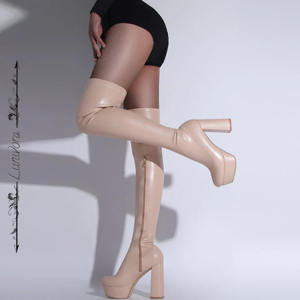 Women's Block High Heels Thigh High Boots Platform Chunky Heels Tight Elastic Sexy Party Over The Knee High Boots Good Quality