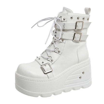 Platform Boots Goth for Women Lace up Wedge Heel Buckle Ankle Booties Studded Short Motorcycle Boots with Zipper White
