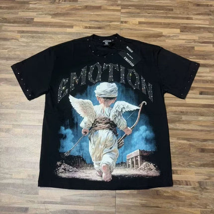Fashion Brand Mixed Emotion Embroidery Rhinestone American Streetwear Angel Print Hot Diamond Top Tee Men Women Loose T shirts