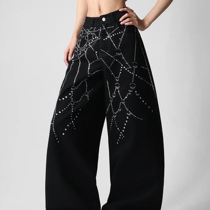 American Street Fashion Spider Web Rhinestone Fashion Pants, Versatile Slim-Fitting Wide-Leg Black Jeans For Women