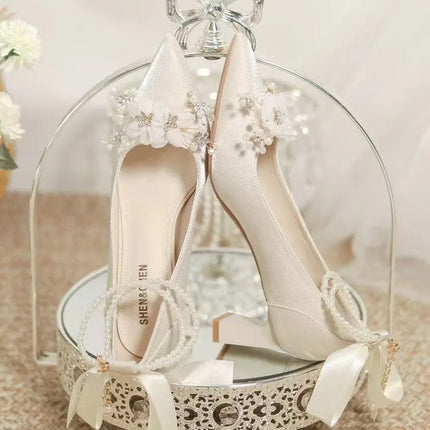 French-style Wedding Shoes, Bridal Shoes, Main Wedding Dress Shoes, Thick-heeled High Heels, White, Comfortable and Not Tiring