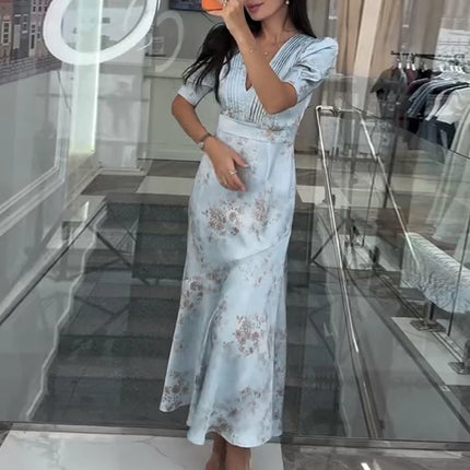 Elegant Floral Printed Satin Dress Pleated V-Neck Short Puff Sleeve Bodycon Dresses 2026 Spring Women Vintage Vacation Chic Gown
