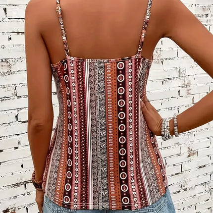 Women's sexy V-neck chain printed front twisted back camisole top, made of polyester fabric with spaghetti pattern