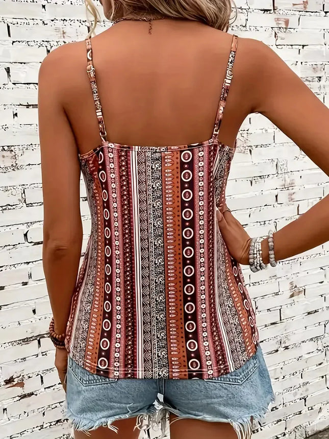 Damen sexy Camisole-Oberteil mit V-Ausschnitt, Kettendruck und gedrehter Rückenpartie, aus Polyestergewebe mit Spaghettimuster