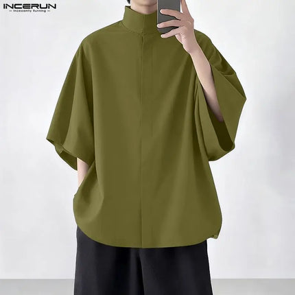 INCERUN Men Shirt Solid Stand Collar Short Sleeve Men Clothing Loose Korean Style Streetwear Fashion Casual Tops Male Shirts