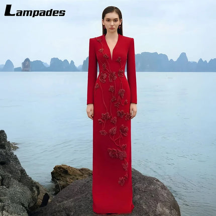 Customized Red V - Neck Prom Dress With 3D Flower Embellished Bodice Long Sleeve Maxi Skirt With Train Formal Evening Party Gown