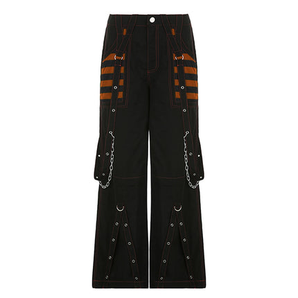Women Fall Winter Cargo Jeans Striped Zipper Button Closure Loose Casual Trousers Streetwear with Pockets