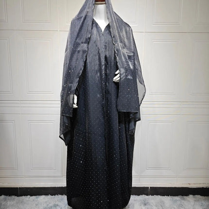 Muslim Dress Women Abaya with Scarf Diamond 2 Piece Set Party Headscarf  Arab Long Robe Morocco Dubai Kaftan Vestidos Jalabiya