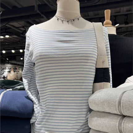 Sweet Pink Striped Long Sleeve T-shirt Women New Spring Cotton Raw Hem Slash Neck Slim Tee Tops Cute Preppy Style T shirt Y2K