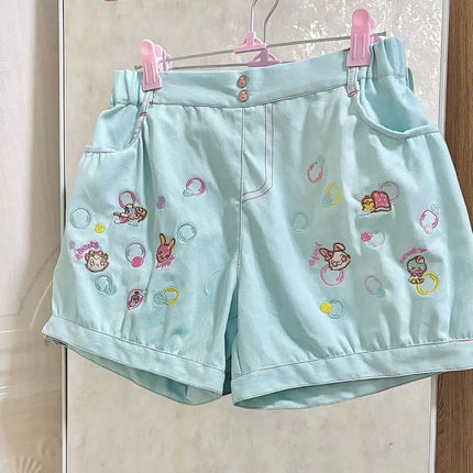 Japaneese Y2K Kawaii Cartoon Bunny Print Women Casual Shorts Women  Elastic Waist Bottoms Pocket Rolled Hem Casual Shorts