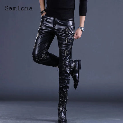2025 Rock Style PU Leather Pants Sexy Night Club Dance Pants Men Fashion Multi-Zipper Faux Leather Slim Motorcycle Trouser New