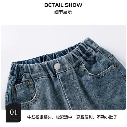5-14Y Boys Jeans Pants Spring Kids Wide Leg Straight Trousers Autumn Loose-Fit Casual Trousers Children's Trendy Sweatpants