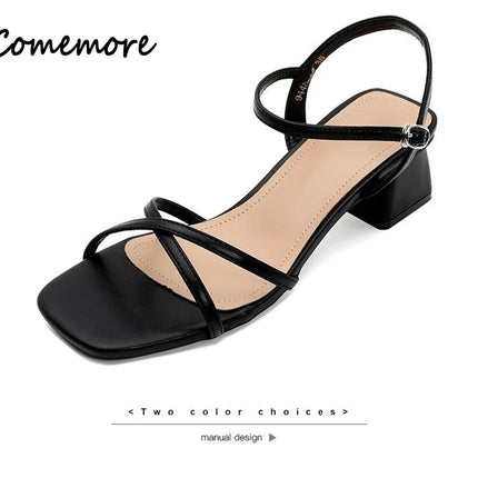 Comemore Comfortable 2023 Summer Block Heel Women's Sandals Girl Shoes Black Outer Wear Fashion Elegant Medium Heels Footwear 40