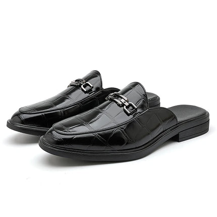 Summer Fashion New Men's Brown Half Slippers Metal Button Patent Leather Shoes Male Casual Mules Moccasins Breathable Loafers