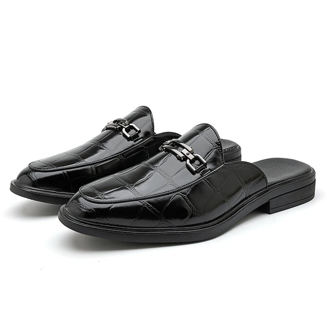 Summer Fashion New Men's Brown Half Slippers Metal Button Patent Leather Shoes Male Casual Mules Moccasins Breathable Loafers