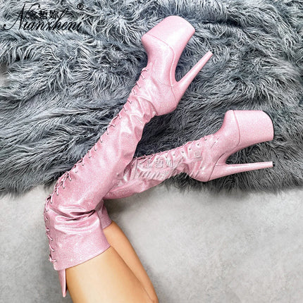 New Style Pink Shining brightly Motorcycle 20cm over the Knee Bootsg Platform 8inch High Heels Pole Dance Shoes Exotic Stripper