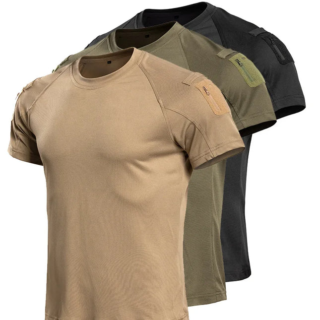 Camiseta táctica de manga corta para hombre, de secado rápido, transpirable, ligera, de combate, con bolsillo con cremallera en el hombro para senderismo, camping, tops.