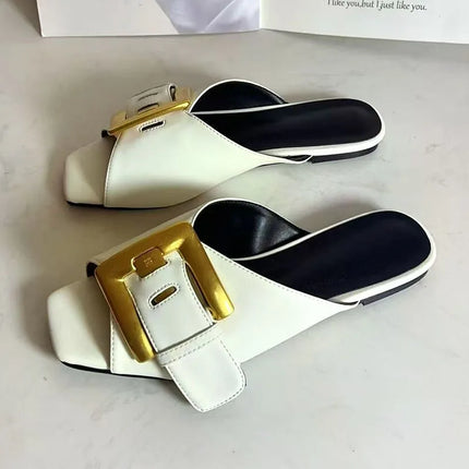 Blue Denim Slippers Woman Open Toe Gold Buckle Decor Flat Shoes Lady Sexy Gladiator Sandals