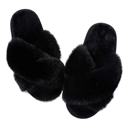 Comwarm Women's Cross Band Fuzzy Slippers Fluffy Open Toe House Slippers Cozy Plush Bedroom Shoes Indoor Outdoor Fur Sandals