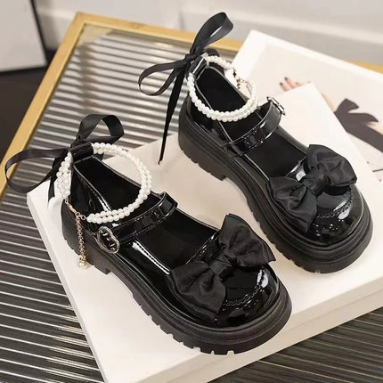 Lolita Shoes Heart Buckle Women Sweet Bow Pearl Chain Mary Janes Shoes Woman PU Leather Thick Bottom Party Pumps Mujer Zapatos