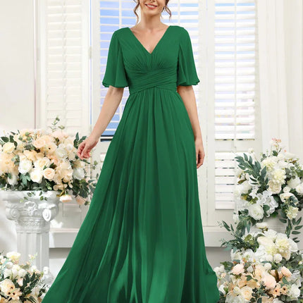 A Line Chiffon Bridesmaid Dresses Short Sleeve V Neck Slit Pleat Elegant Wedding Party Formal Prom Evening Zipper Back