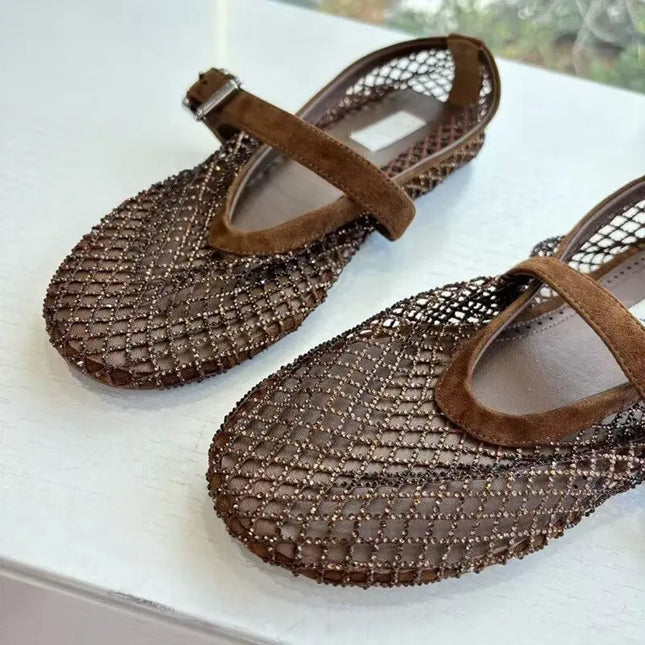 Hohle Mesh-Strass-Ballerinas für Damen, flache Mary-Jane-Einzelschuhe, Riemchen-Fischnetzschuhe