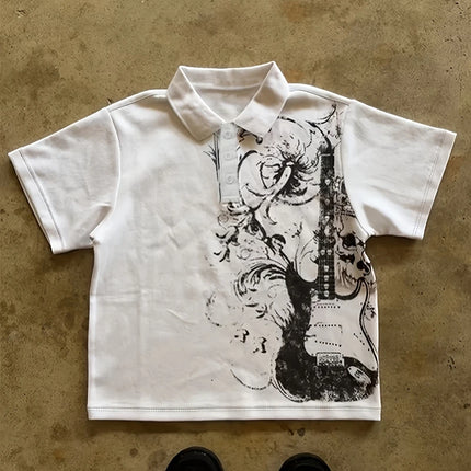 Summer T-shirt Fashion Retro Classic Style Versatile Lapel T-shirt with Punk Guitar Print Shirt, Y2K American Trendy Streetwear