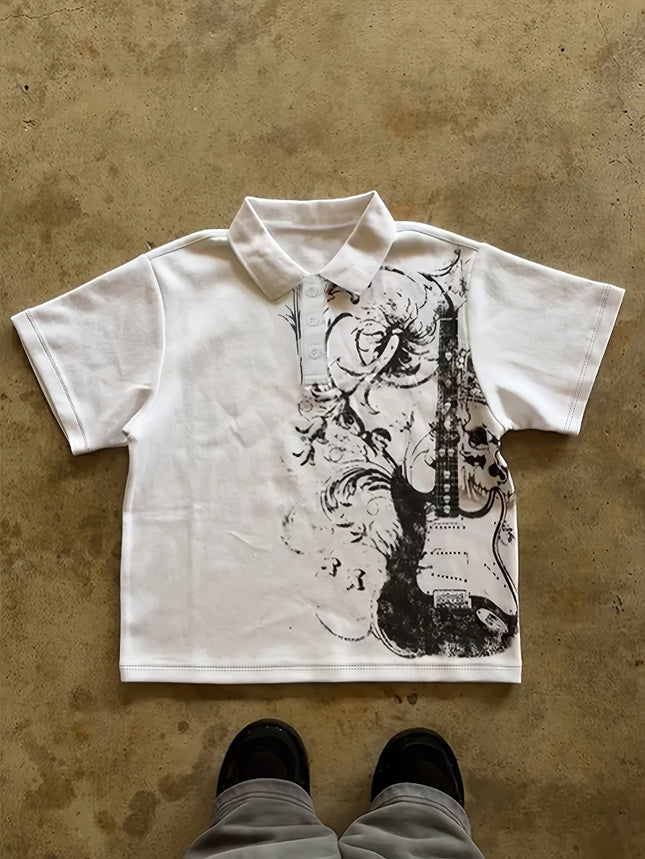 Camiseta de verano a la moda, estilo retro clásico, versátil, con solapa y estampado de guitarra punk, ropa urbana Y2K americana de tendencia