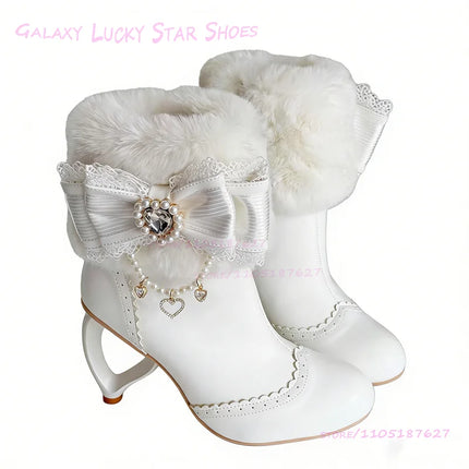 Pink Cute Heart Shaped Ring Fretwork Heels For Girls Lolita Style White Bow Diamond Buttons Calf Booties Black Zip Round Shoes