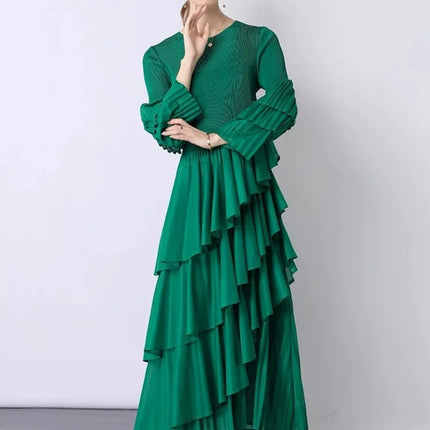 XFPV Elegant Fashion Style Women's Beautiful Dress Long Sleeves Round Neck Pleated Irregular Dresses For 2025 Autumn New 22D2441