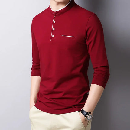 2025 Men's Business Casual Three Button Stand Up Collar Long Sleeved T-shirt Korean Style Comfortable Versatile Top