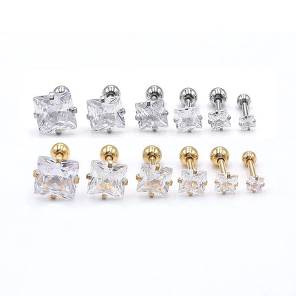 1 Pair 3/4/5/6/7/8mm Simple Shiny Stainless Steel Square Cubic Zirconia Square Stud Earrings for Men Women Ear Accessories Gift