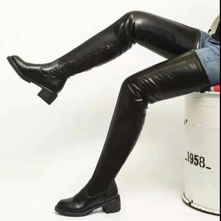 2024 New Spring Autumn Women's Knee-high Boots Fashionable European Style Round Toe Leather Boots Thick Sole Long Tube Riding