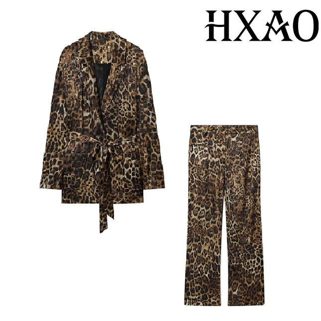 HXAO Leoparden-Hosenanzug 2-teiliges Set Vintage Long Blazer Jacke Zweiteiler Herbst Formeller Damen Hosenanzug Gürtel Damen Set