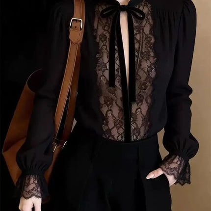 Luxury Black Lace Long Sleeve Top Mesh Sheer V Neck Lace Up Tied T Shirt Elegant Clothes Casual Basic Tees