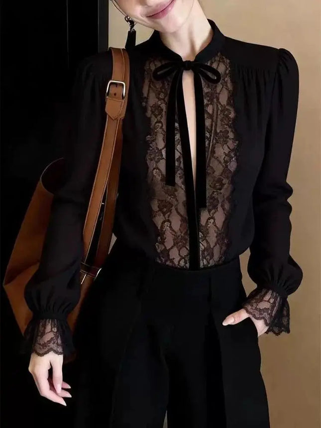 Luxury Black Lace Long Sleeve Top Mesh Sheer V Neck Lace Up Tied T Shirt Elegant Clothes Casual Basic Tees