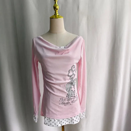 Kimotimo Korean Y2k Fake Two Spliced Polka Dot Print T-shirt Women 2026 Spring Summer Long Sleeve Slim Top Sweet Casual Tees INS