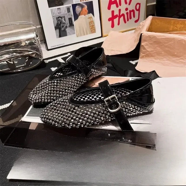 Round Toe Sandals for Women New Rhinestone Full Diamond Fishing Net Hollowed Out One Word Mary Zhen Baotou Flat Single Shoes