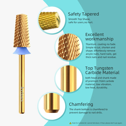 HYTOOS Titanium Safety Tapered Nail Drill Bits Smooth Top Barrel Carbide Bit Gel Removal Electric Drills Accessories Tool