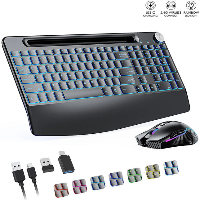 Ergonomic 2.4G Wireless Rechargeable Keyboard Mouse Set For Laptop With Color Backlit Phone Holder Wrist Rest And - product i