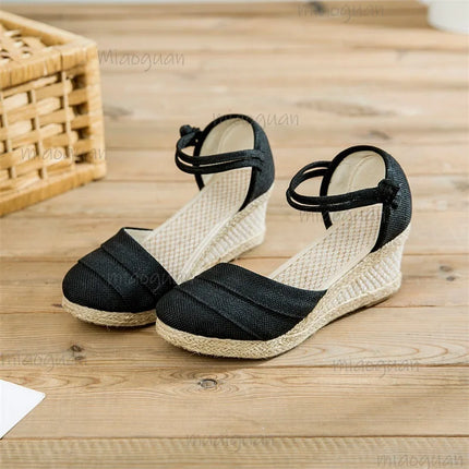 Linen Espadrille Women's Wedge Sandals Ankle Strap Breathable Lightweight Summer Footwear Female Roman Fashion Sandals Size 34